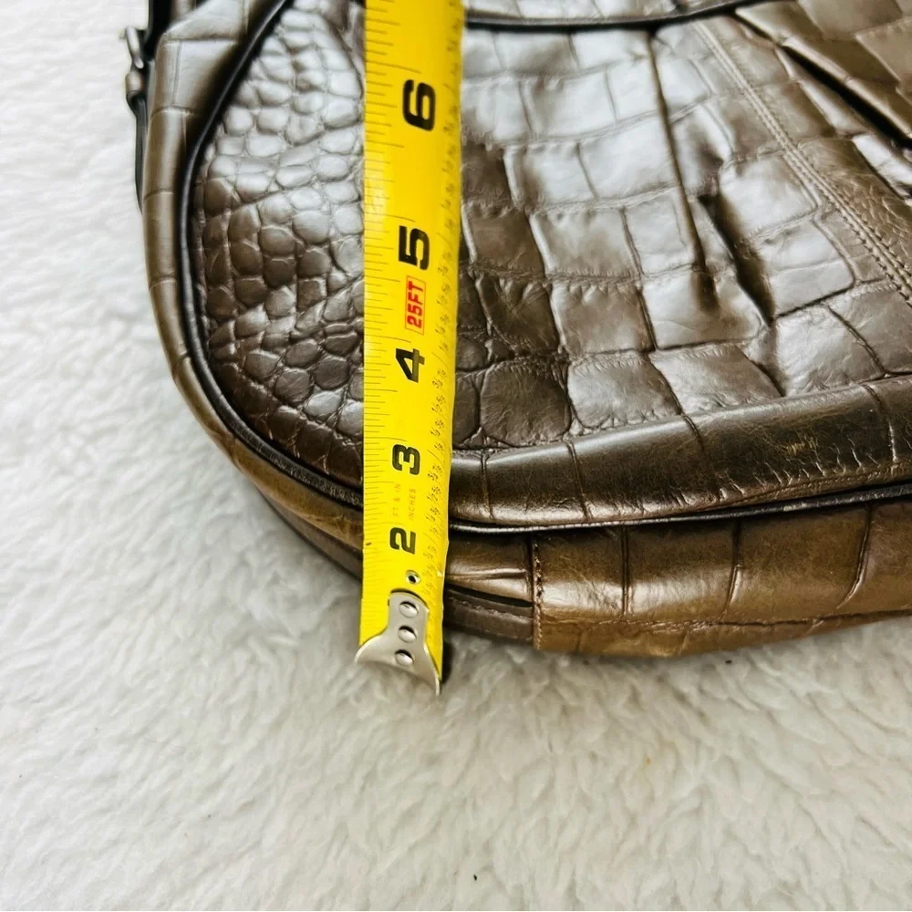 Francesco Biasia Italy Olive Crocodile Print Embossed Leather Large Bag